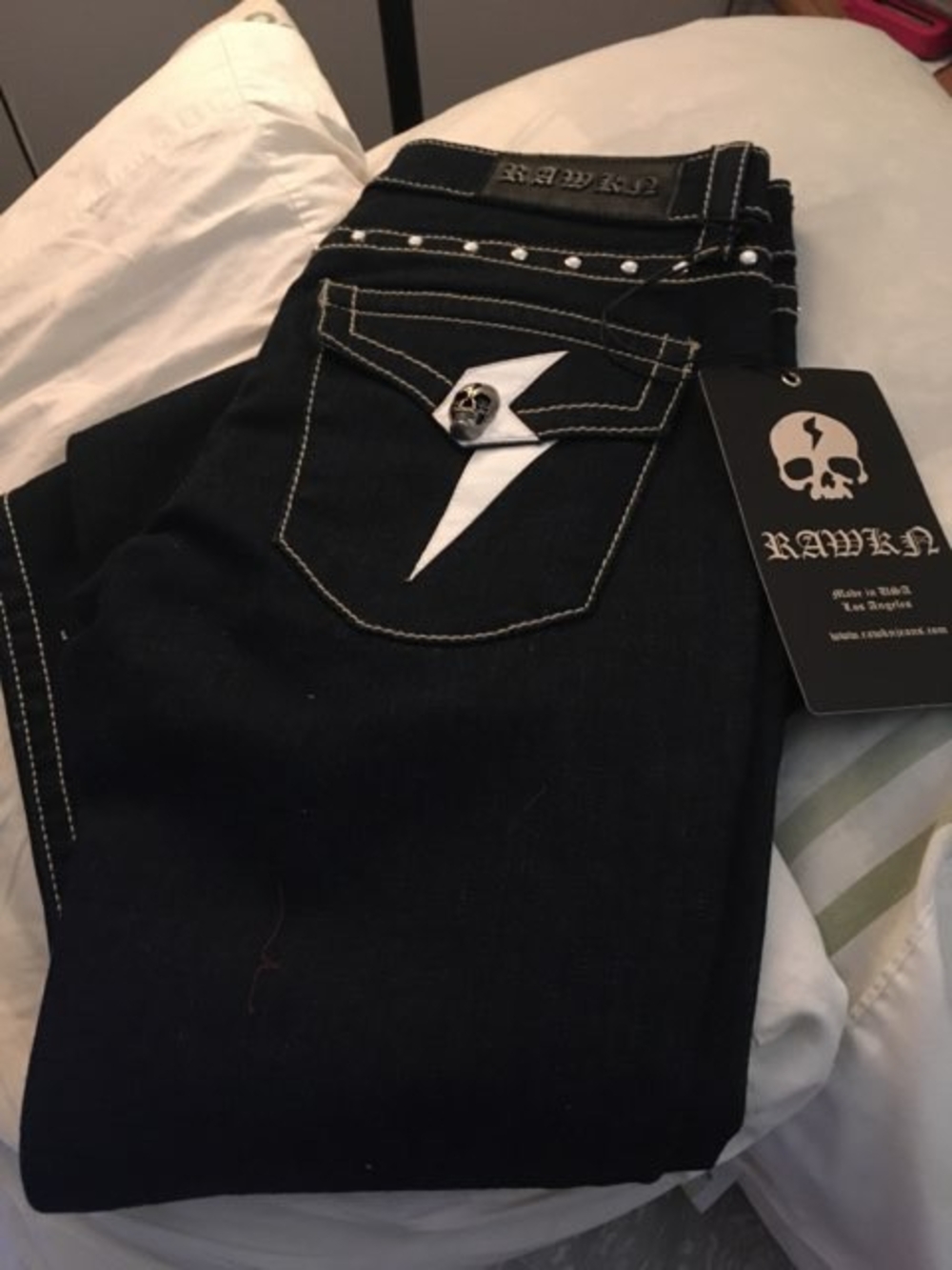 Rawr Denim Black Jeans with White Bolt Pocket Accent